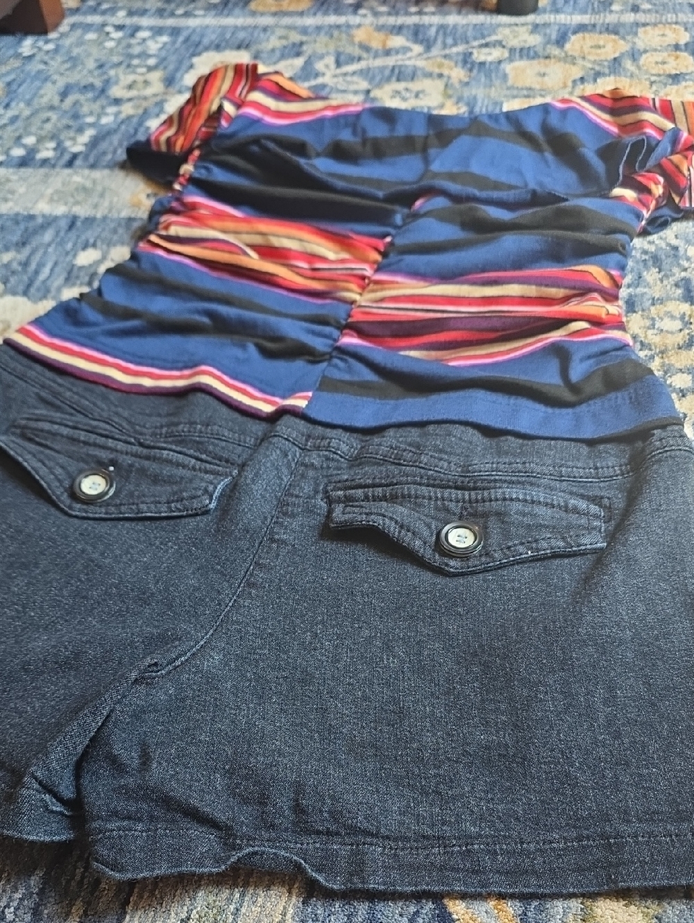 Y2k Vintage Striped Off-Shoulder Romper with Dark Denim Shorts - Picture 2 of 3